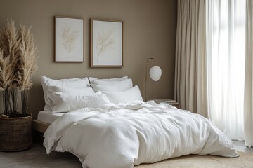 A cozy bedroom with beige walls showcases a comfy bed dressed in white linens, accented by earthy decor and natural light filtering through curtains