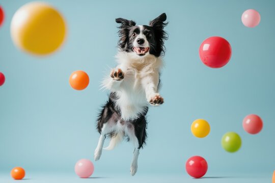 A black and white collie jumps joyfully in the air, surrounded by colorful balls in a bright and playful environment