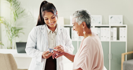 Clinic, doctor and oximeter with mature woman, pulse and healthcare, service and consultation....