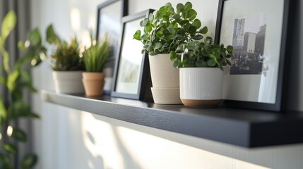 A floating shelf with potted plants and framed pictures, adding style to a wall.