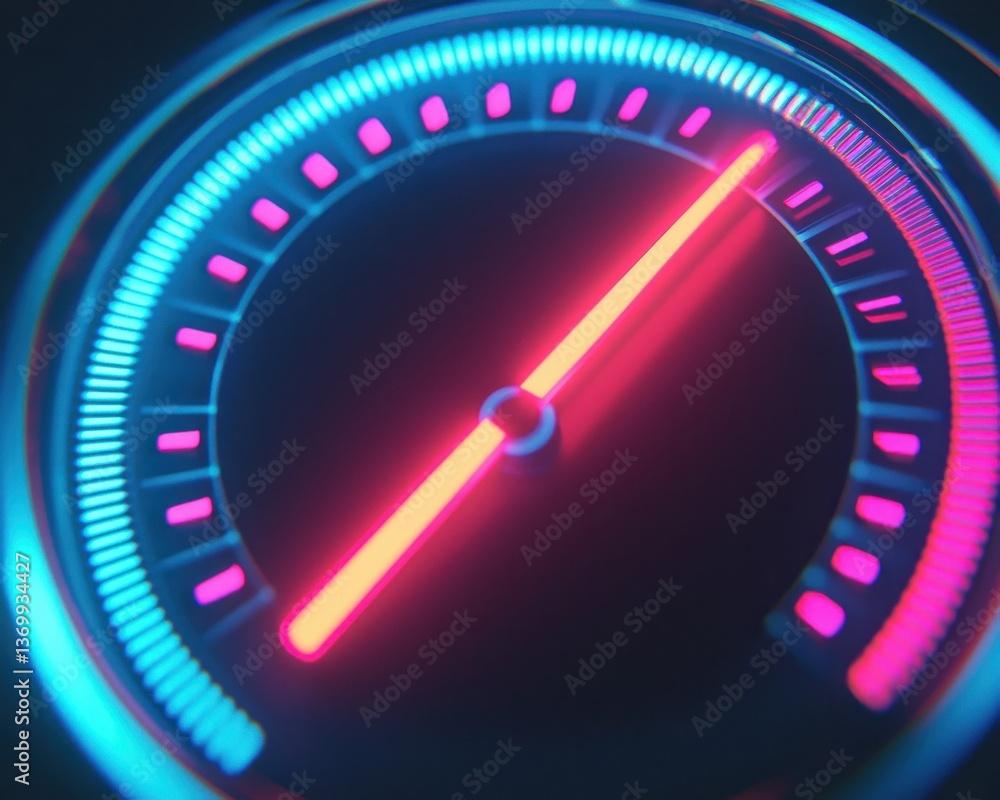 Poster colorful neon speedometer with dynamic light reflection effects