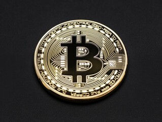 Gold-colored Bitcoin coin on dark surface. Detailed view of the cryptocurrency symbol