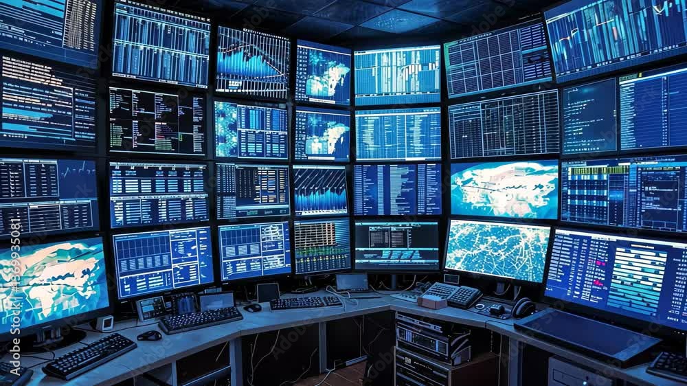 Poster a state-of-the-art control room features an array of monitors showing real-time data analytics and g