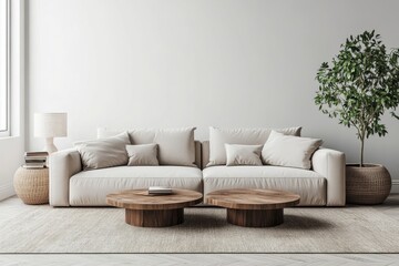 Interior design of modern apartment, living room with sofa and coffee tables 3d rendering