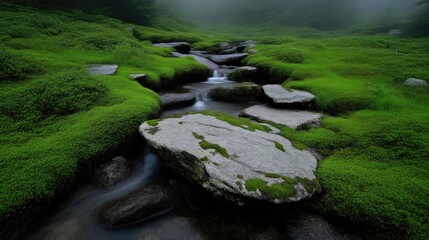 Naklejka premium Misty mountain stream through mossy rocks