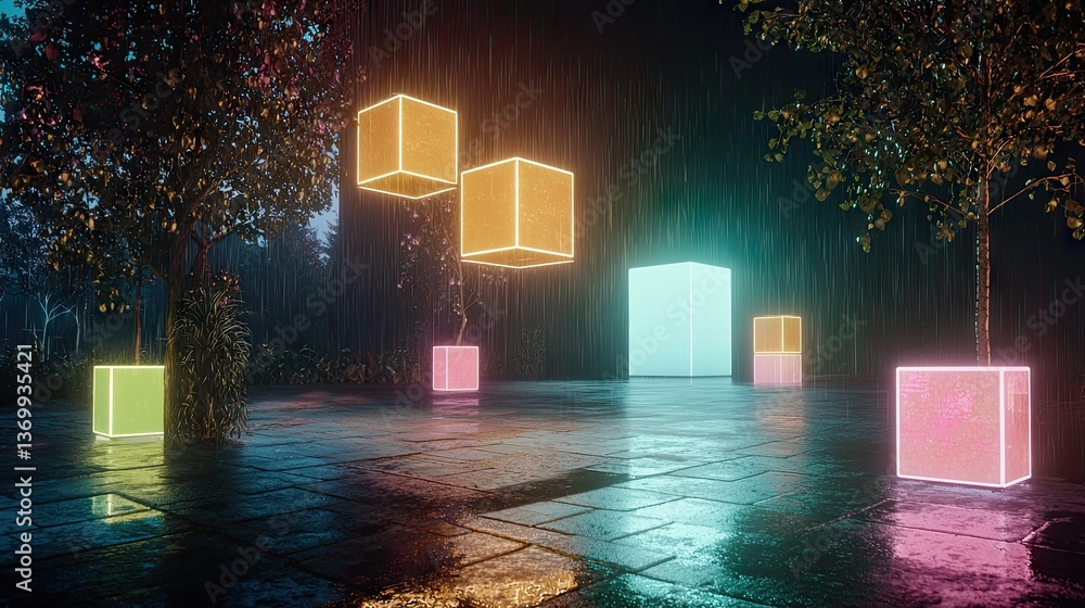 Poster tech-driven digital world with floating neon cubes, glowing ai nodes, and a high-tech metaverse atmo