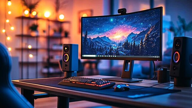 Cozy gamer setup with a curved monitor, ideal for gaming and streaming