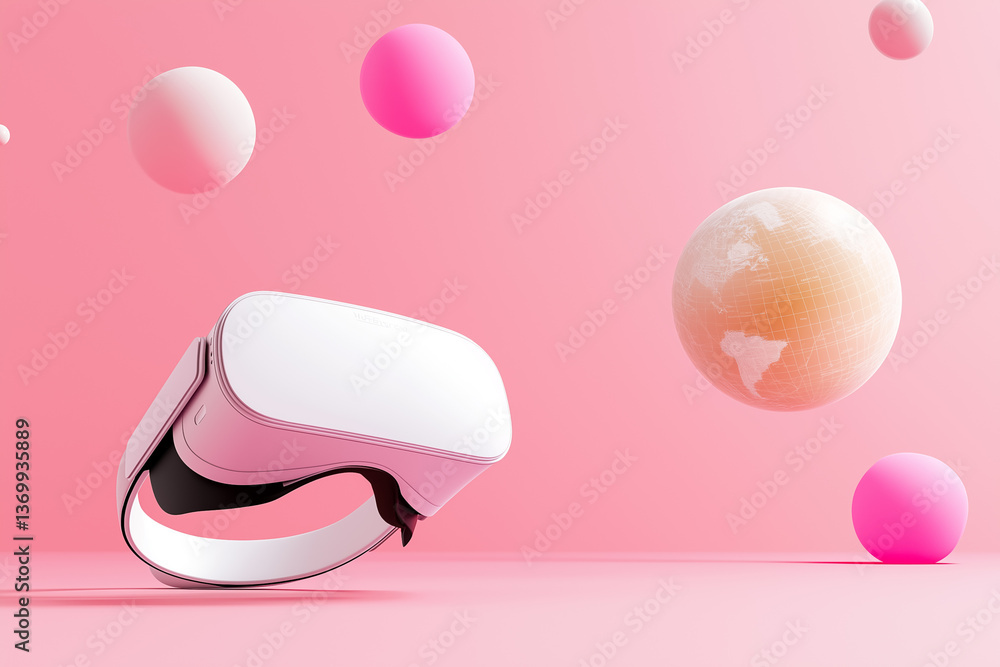 Aufkleber virtual reality headset floating in captivating pink background with colorful abstract spheres and g