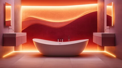 Modern pink bathroom with bathtub and accent wall.  Possible stock photo