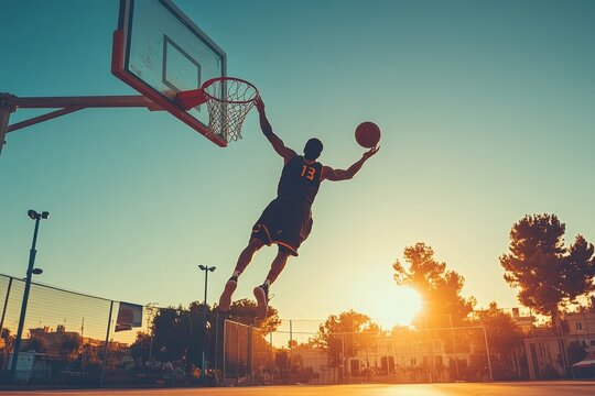 Street basketball player making a powerful slam dunk on the court - Athletic male training outdoor at sunset - Sport and competition concept