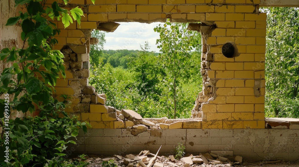 Poster torn-down structure with a fractured concrete wall, exposing an empty hole in the center.