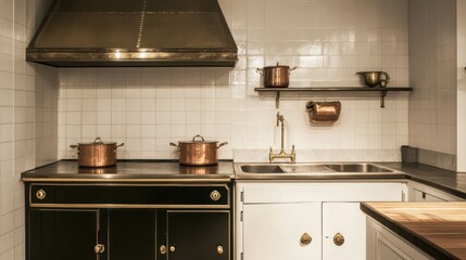 Vintage Kitchen, Copper Pots, White Tiles,  Interior Design,  Antique Stove