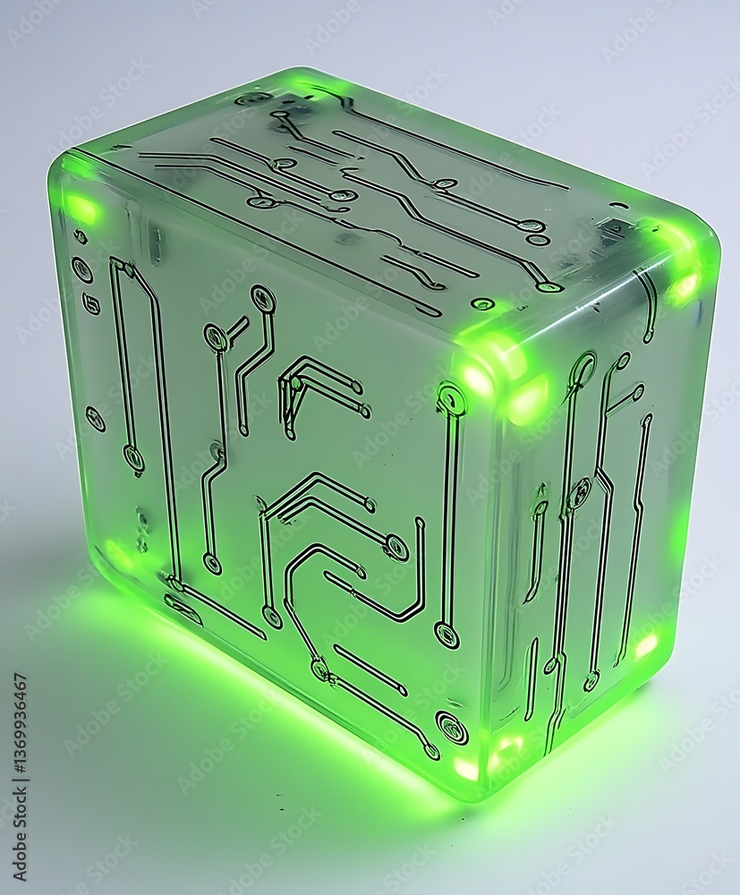 Poster a glowing electronic cube with circuit board design illuminated brightly