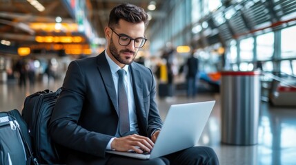 Fototapeta premium A well-dressed business traveler working on a laptop while waiting for a flight. --ar 16:9 --v 6.1 Job ID: cf90277f-64d6-42c8-aa47-0dd1e4a5ed86
