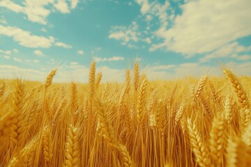 Wheat sways gently in the breeze as bright sunlight illuminates a sprawling field, creating a golden landscape against the vivid blue sky