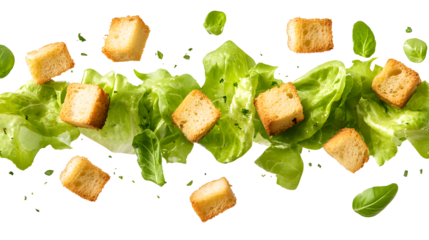 A salad with croutons and lettuce