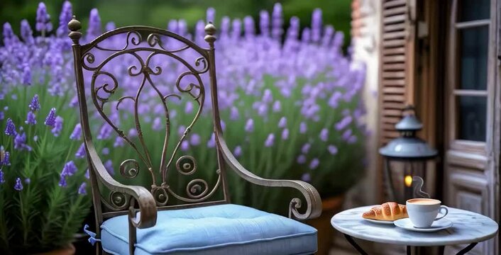 A gracefully designed wrought iron chair with vintage scrollwork sits elegantly on a French Provincial terrace, its delicate curves framing a breathtaking view of potted lavender plants in full bloom
