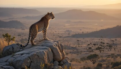 Obraz premium Cheetah standing on rock watching savanna landscape at sunset