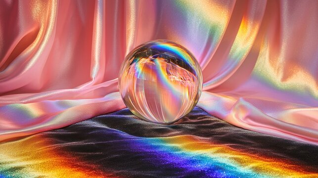 Crystal orb on shimmering fabric.  Colorful reflections