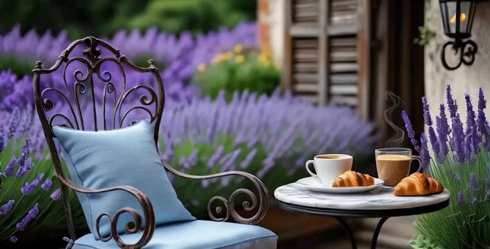A gracefully designed wrought iron chair with vintage scrollwork sits elegantly on a French Provincial terrace, its delicate curves framing a breathtaking view of potted lavender plants in full bloom