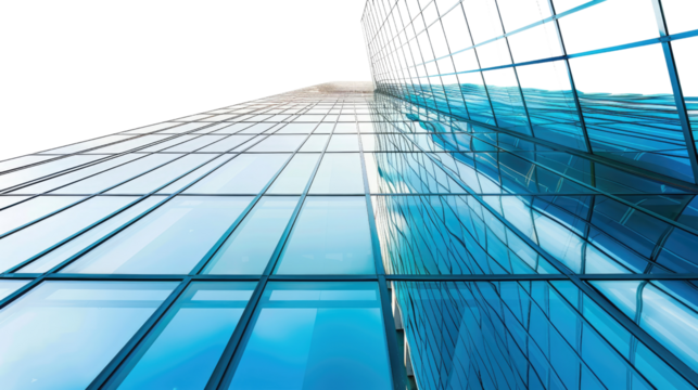 Modern Architectural Marvel: Capturing the upward trajectory of a modern high-rise building, the image showcases a dynamic interplay of glass and steel, offering a unique perspective. 