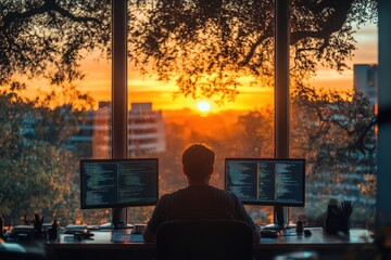 An IT developer focuses on coding at their desk as the sun sets, casting warm light over the city and illuminating the workspace