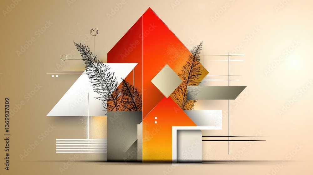 Poster vibrant abstract orange background with layered triangles, glossy white and grey squares, and modern