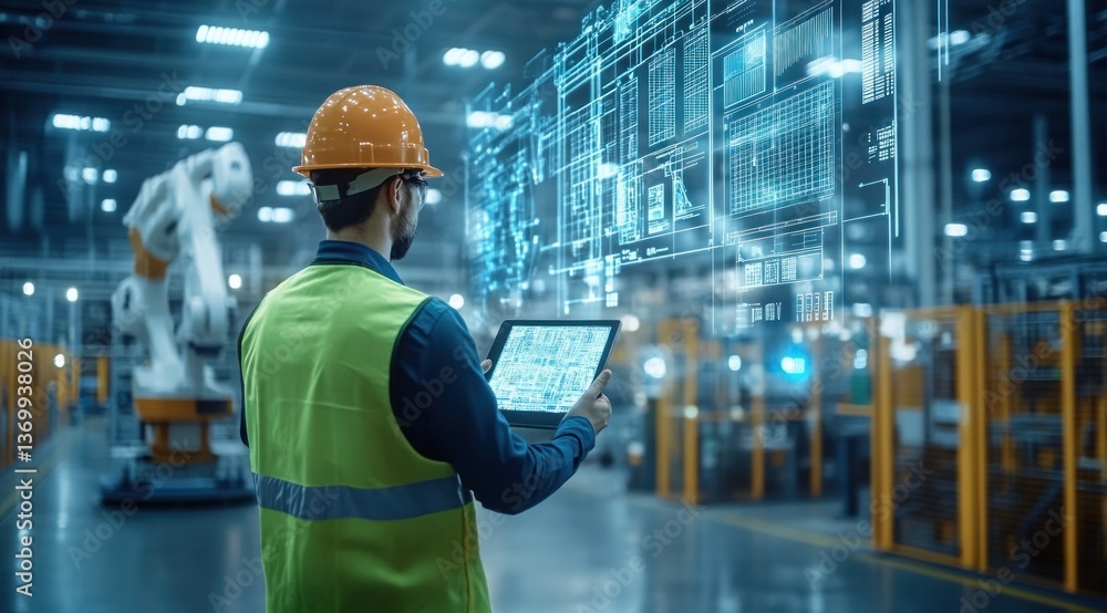 Aufkleber engineer in safety gear examines digital plans on tablet while overseeing robotic operations in a bu