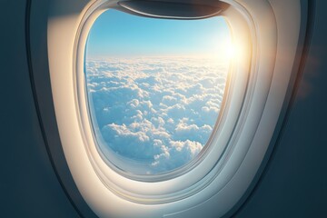 A close-up view from an airplane window shows soft clouds illuminated by the sun at dawn, providing a peaceful atmosphere during flight