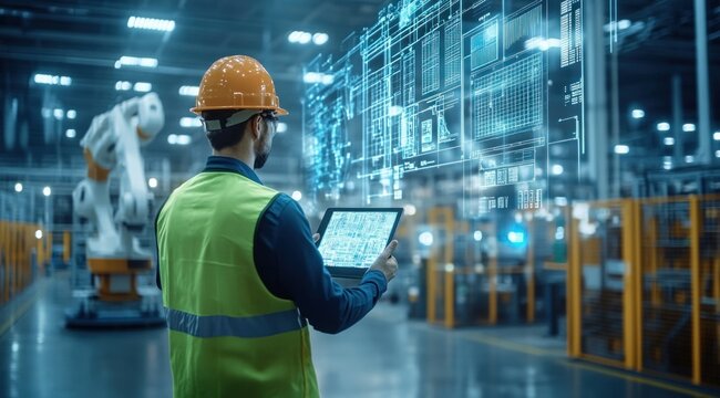 Engineer in safety gear examines digital plans on tablet while overseeing robotic operations in a busy industrial setting
