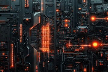 Fototapeta premium Complex network of circuitry with vibrant glowing lines and shapes creates a captivating visual of futuristic technology in a dark setting