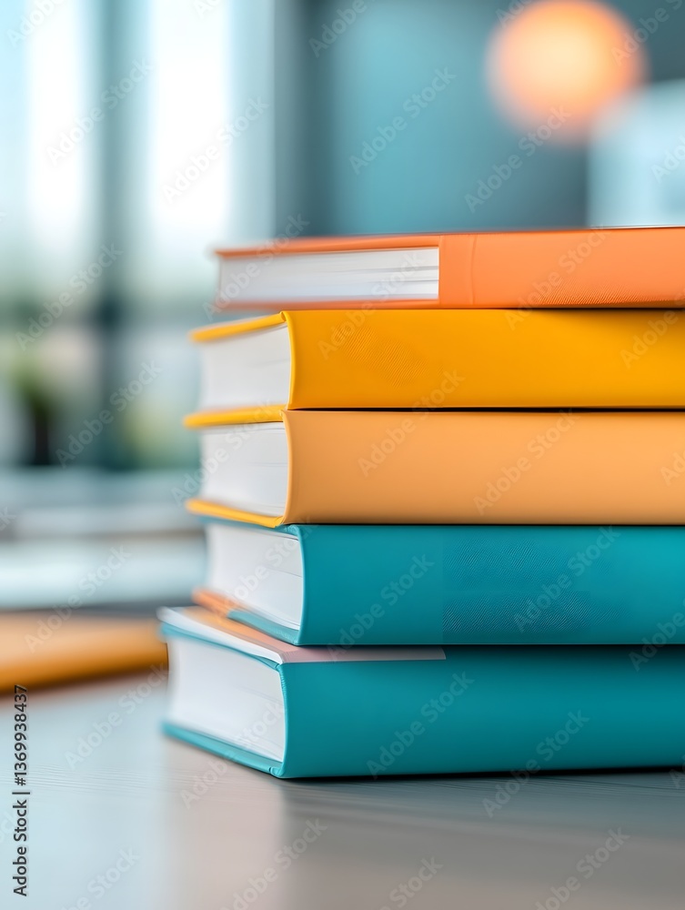 Poster a stack of colorful books and publications on an office table long title a neatly arranged stack