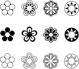 A collection of black and white flowers designs in various styles, including bold, outline, and abstract patterns. Ideal for logos