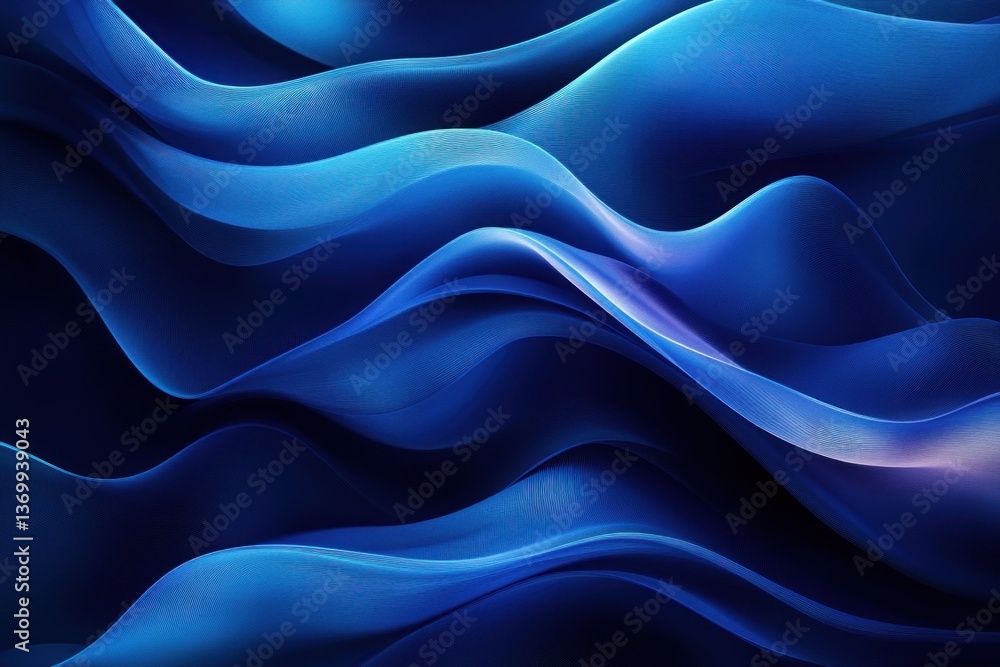 Poster curving blue ribbon-like shapes intertwine on a dark background, evoking a sense of tranquility and 
