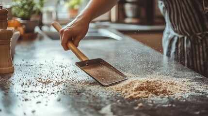 A hand holding a dustpan while sweeping crumbs from a kitchen table.