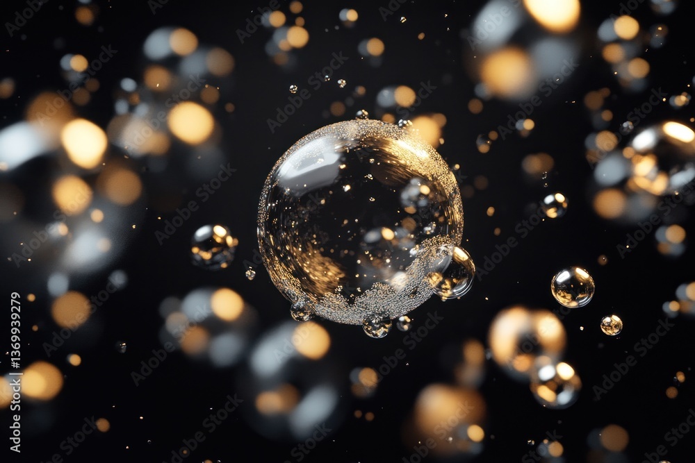 Poster silver and gold bubbles create a mesmerizing display, floating softly in a vast black background tha