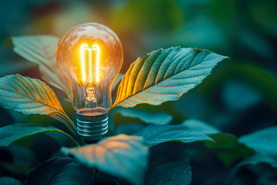 A light bulb sprouts from lush green leaves, symbolizing innovation and growth amidst a vibrant nature background.