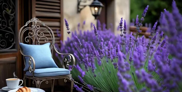 A gracefully designed wrought iron chair with vintage scrollwork sits elegantly on a French Provincial terrace, its delicate curves framing a breathtaking view of potted lavender plants in full bloom