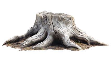A large tree stump with a few leaves on it