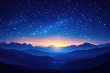 Fototapeta premium A breathtaking view of a mountain range at sunrise, illuminated by a stunning display of stars in the night sky.