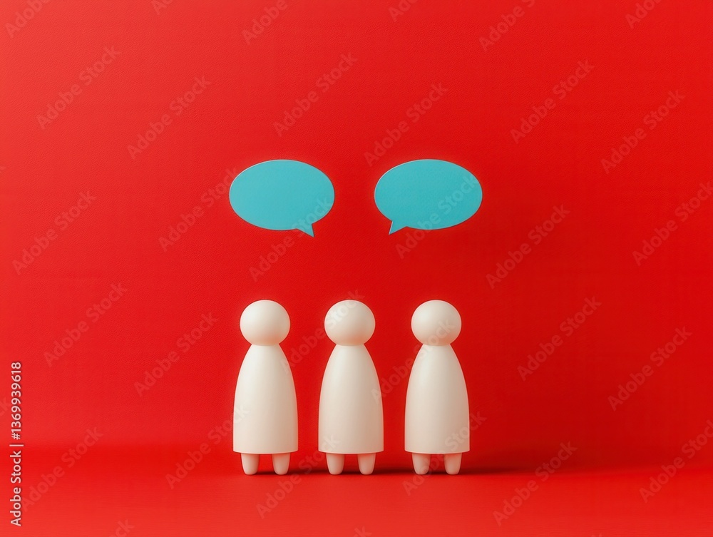 Poster Three Simple Figures Engaging in Conversation with Speech Bubbles