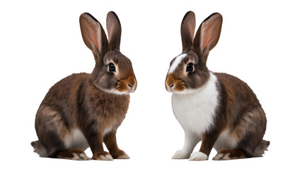 Fototapeta premium Two rabbits, one brown and one brown and white, are featured against a transparent bakground