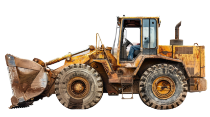 Heavy Machinery at Work: A weathered, robust front-end loader stands as a symbol of heavy industry, ready for action.