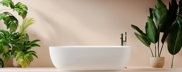 Modern Minimalist Bathroom with White Freestanding Tub and Lush Greenery
