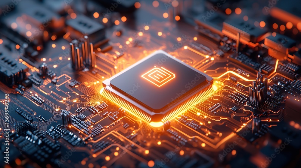 Poster detailed close-up of a computer chip with glowing circuits and intricate designs.