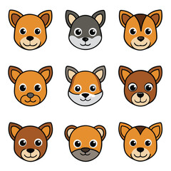 Fototapeta premium Cute animal character heads: a fun collection of vector illustrations featuring pet faces like cats, dogs, bears, foxes, pigs, rabbits, cows, and lions