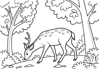 A silhouette of a deer in the forest with other farm and wild animals in a simple vector illustration style coloring book