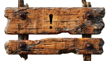 Rustic Warning: An aged wooden sign, bearing an exclamation mark, suggests a call to attention. Its rugged, weathered texture evokes a sense of history and imparts an air of caution.