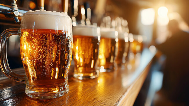 Refreshing golden beer mugs on a polished wooden bar - Powered by Adobe