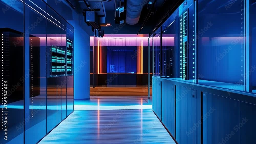 Poster blue illuminated hallway leading to a server room, highlighting advanced security measures in a mode